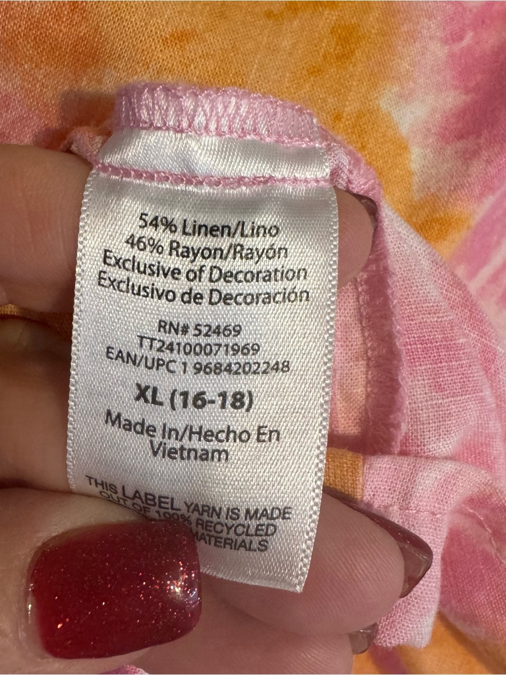 Pink Orange Tie-Dye Sleeveless Linen Blend V-Neck Top PLUS: 16/18 #3 - Picture 7 of 8